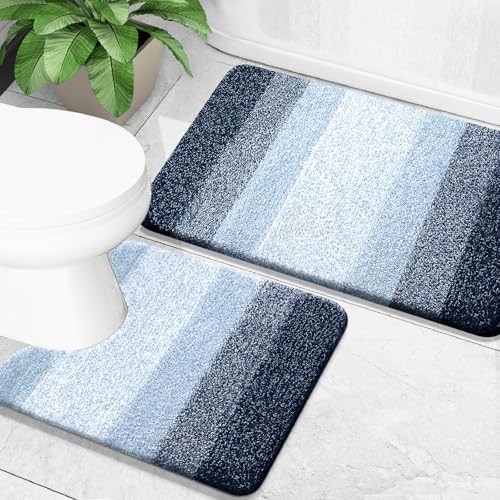 OLANLY Bathroom Rug Set 2 Piece Soft Absorbent Microfiber Bath Mats and UShaped Contour Toilet Rug NonSlip Machine Wash Dry Plush Shaggy Bath Mats for Bathroom 30x2024x20 Dark Blue - Image 1