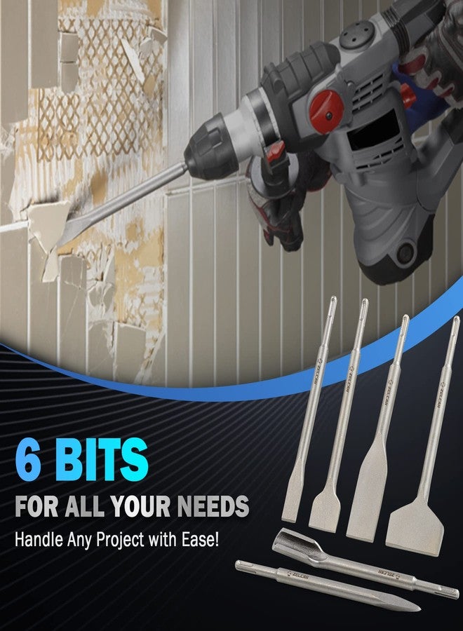 ZELCAN 6-Piece Chisel Set for SDS Plus Bits Tile Grooving Scraping Flat Point Scaling Chisels Hammer Drill Tool Set for Tile Masonry Concrete Brick Stone Work 40Cr Steel Drill Bit Set w SDS Plus Shanks - Image 2