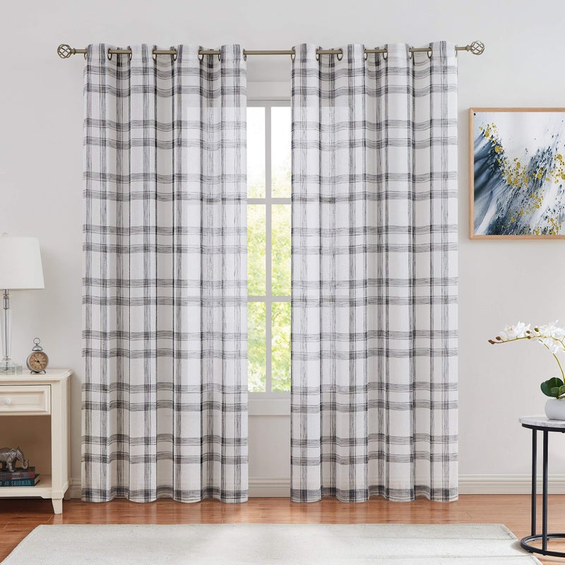 White Black Geometric Window Curtain Panel Pairs 84 Long for Living Room Linen Blend Semi Sheers Grommets Top Rustic Farmhouse Style Window Treatment Drape Sets for Bedroom 54x84x2 BalckWhite