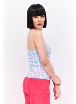 UNDIZ Women Sleeveless Floral Print Pyjama Top, Light Blue  - Image 4