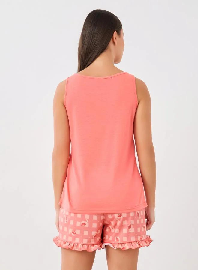 Styli Styli Tassel Tie-Front Swing Cami and Gingham Fruit Print Ruffled Shorts Set