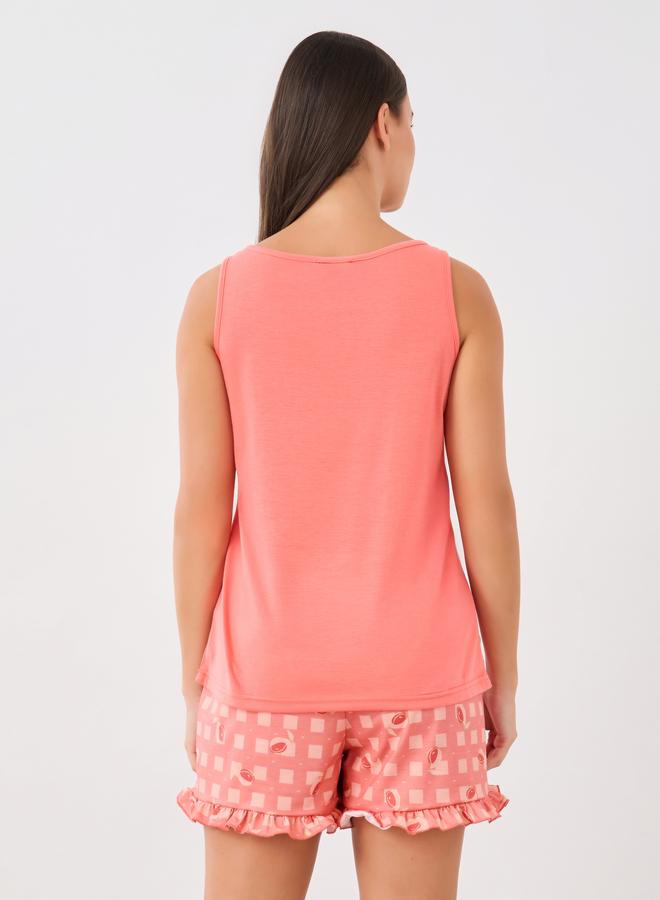 Styli Tassel Tie-Front Swing Cami and Gingham Fruit Print Ruffled Shorts Set