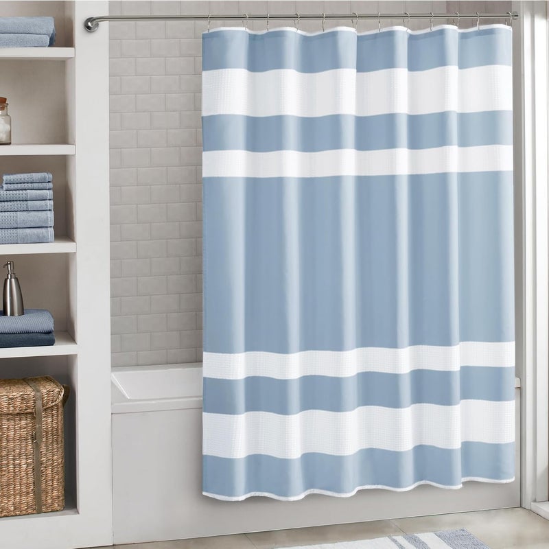 madison park Shower Curtain Spa Waffle Weave Long Shower Curtain for Bathroom 3M Scotchgard Moisture Management, Spa Quality Modern Shower Curtains for Bathroom, Long 72x78 Blue - Image 1