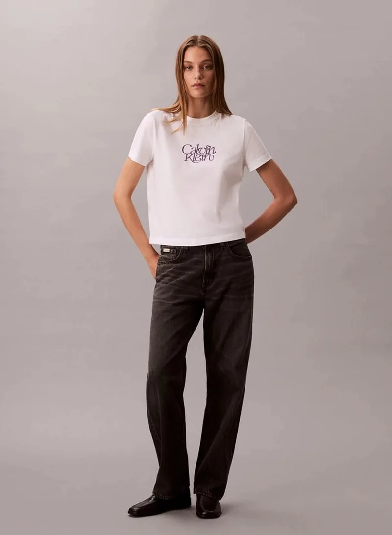 Calvin Klein Jeans Brilliant White Script Logo Graphic Slim T-Shirt for Women | Best Price UAE