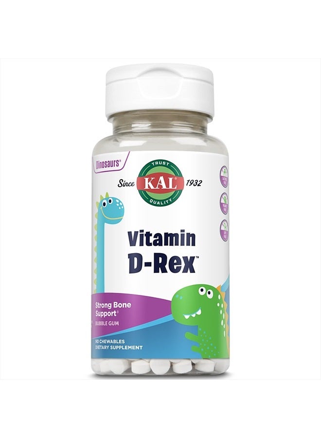 KAL Vitamin D-Rex Chewable, Childrens Vitamins 400 IU D-3, Bubble Gum Flavor, Strong Bone & Immune Support, Lactose/Peanut/Soy Free, 60-Day Guarantee, 90 Servings, 90 Dinosaur Shape Chewables - Image 1