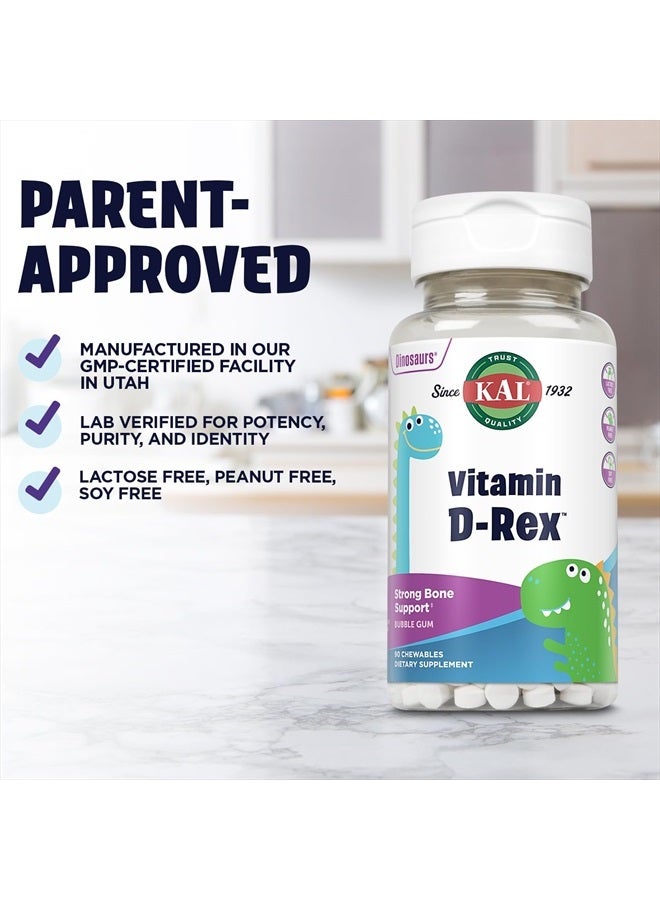 KAL Vitamin D-Rex Chewable, Childrens Vitamins 400 IU D-3, Bubble Gum Flavor, Strong Bone & Immune Support, Lactose/Peanut/Soy Free, 60-Day Guarantee, 90 Servings, 90 Dinosaur Shape Chewables - Image 4