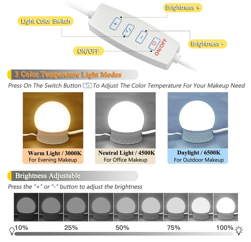 DLOMT LED Vanity Lights - Adjustable Color Temp & Brightness,14 Dimmable Bulbs for Dressing Mirror Lighting - Image 2
