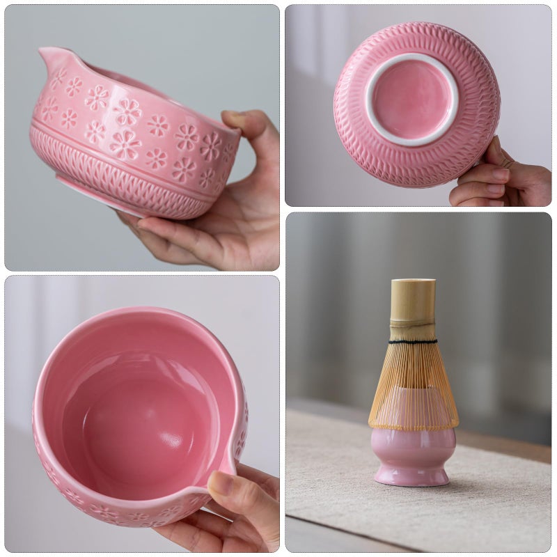 Buucup Matcha Whisk Set, Ceramic Matcha Kit Set Includes Matcha Bowl, Matcha Whisk and Holder, Bamboo Scoop, Scoop Rest, Sifter and Tea Towel - 7 Pcs Matcha Kit for Matcha Lovers (Pink) - Image 3