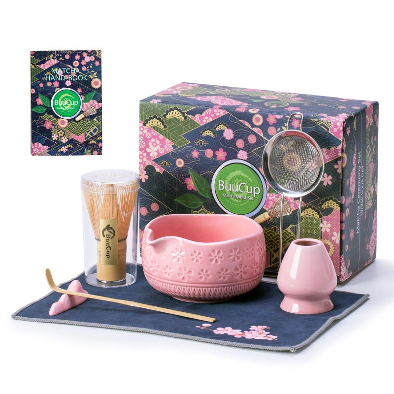 Buucup Matcha Whisk Set, Ceramic Matcha Kit Set Includes Matcha Bowl, Matcha Whisk and Holder, Bamboo Scoop, Scoop Rest, Sifter and Tea Towel - 7 Pcs Matcha Kit for Matcha Lovers (Pink) - Image 1