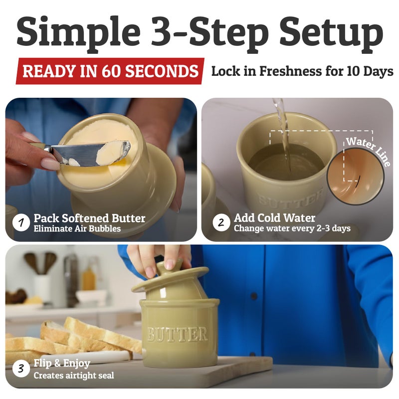 Priority Chef PriorityChef French Butter Crock with Lid, Keep Butter Spreadable & Fresh, Butter Keeper to Leave On Counter, French Butter Dish Perfect for Bread and Toast, Ideal Kitchen Gift, Khaki - Image 3