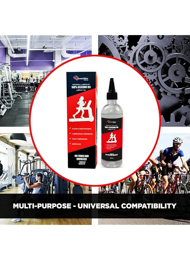 PowerMax Fitness - Multi-Purpose Pms-100 (100Ml Silicone Oil Bottle) 100% Pure Silicone Treadmill Belt Lubricant, Full Belt Width Lubrication, No Odor & No Propellants, Nozzle Cap For Easy Application - Image 1