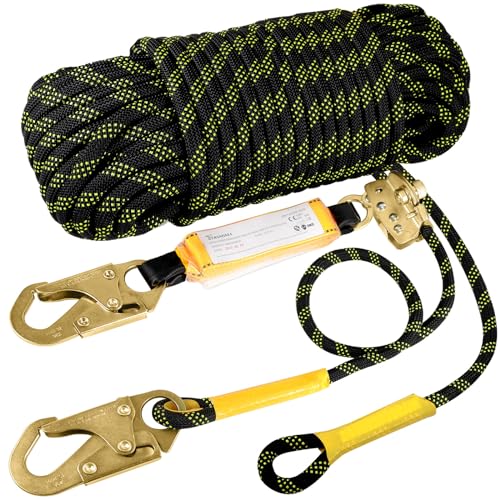 TT TRSMIMA TRSMIMA Rope Harness Safety Lanyard：50ft Vertical Roofing Rope with Grab Snap Hooks Shock Absorber - Fall Protection Tree Climbing Line Kit Heavy Duty Roof Safety Equipment ANSI CE - Image 1