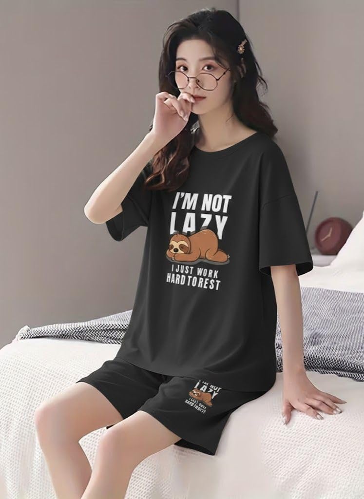 SMOWKLY Women Cotton Blend Night Suit | Short Night Dress Set for Women | Soft Printed T-Shirt & Shorts Pajama Set | Comfortable Summer Nightwear for Ladies & Girls(1596_BK_L) Coal Black - Image 4