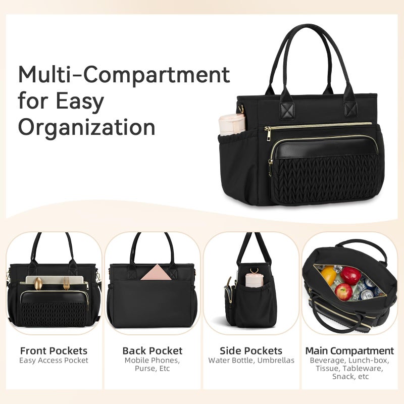 HSHRISH lunch box for women Insulated lunch bag women - LeakProof lunch tote bag With Adjustable shoulder straps and Side Pockets,Reusable womens cooler Bag For Work Picnic Hiking classic Black - Image 3