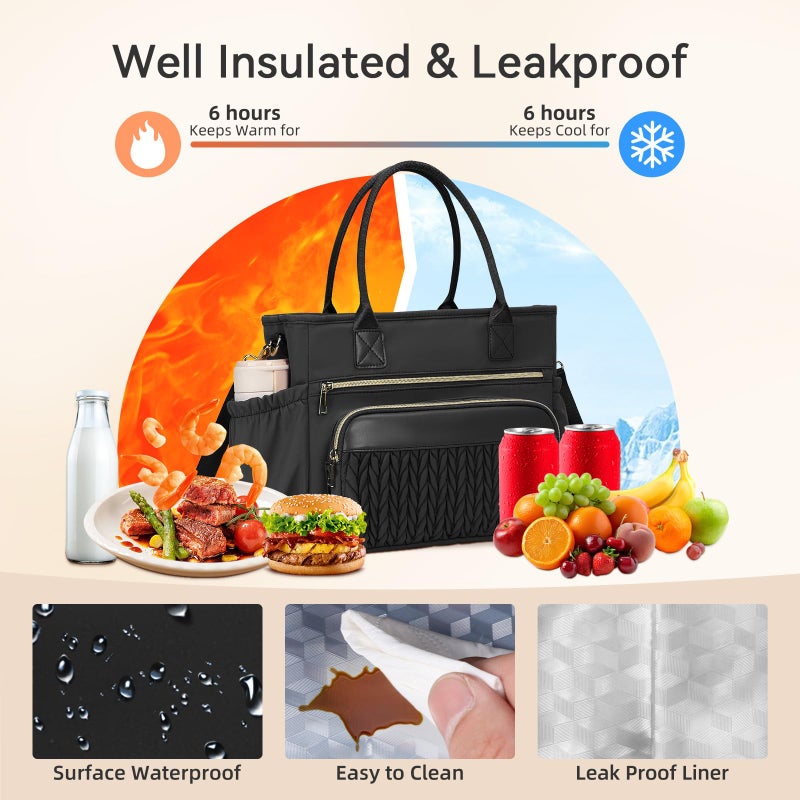 HSHRISH lunch box for women Insulated lunch bag women - LeakProof lunch tote bag With Adjustable shoulder straps and Side Pockets,Reusable womens cooler Bag For Work Picnic Hiking classic Black - Image 5
