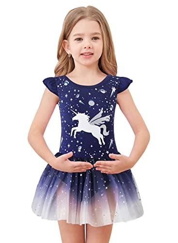 EQSJIU Ballet Leotards with Skirts For Girls Unicorn Size 6-7 Years Old Navy Royal Blue Dark Galaxy Cosmos Stars Starry Moon Sequins Tulle - Image 1
