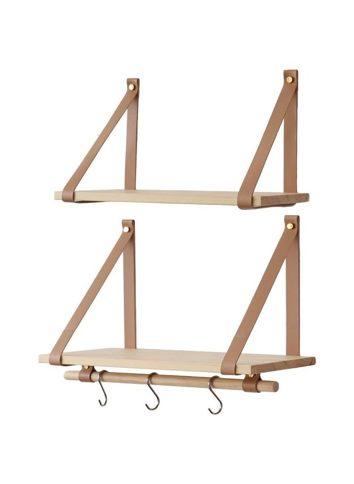 Home Gallery PU Biege Leather Strap Wall Floating Shelves  Biege - Image 2