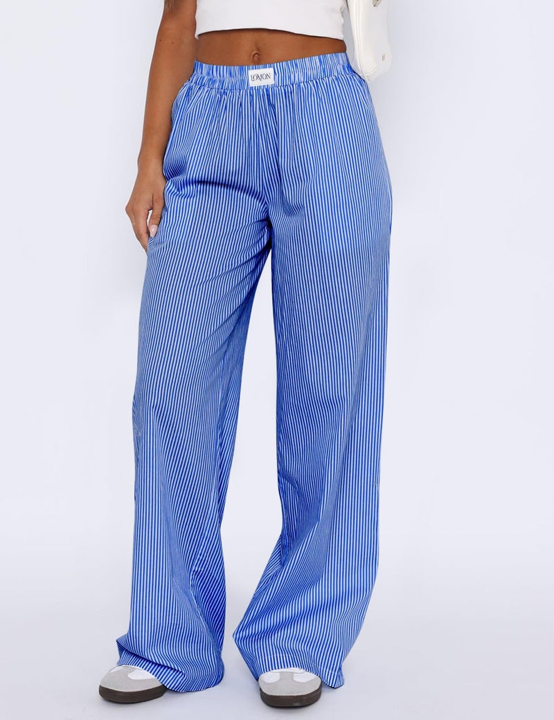 LOMON Womens Striped Wide Leg Boxers Pants Cotton Pajama Lounge Pj Casual Trousers Y2K Beach Bottoms with Pockets (Deep Blue Pinstripe, L) - Image 2