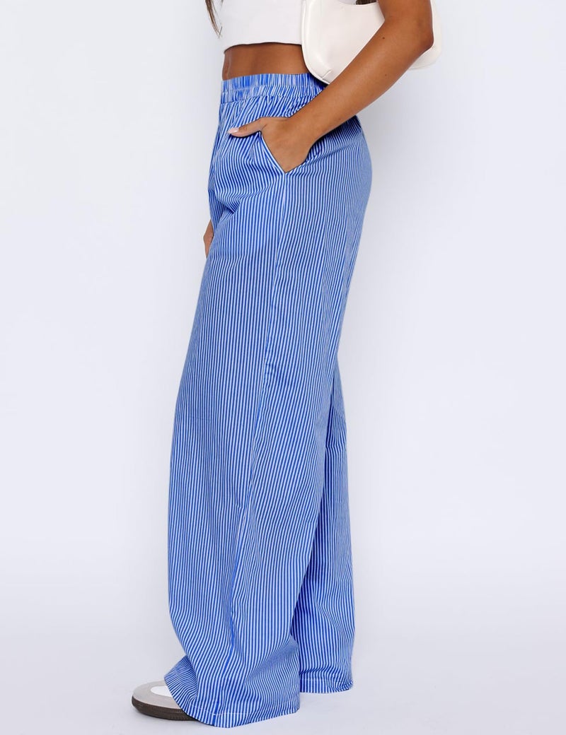 LOMON Womens Striped Wide Leg Boxers Pants Cotton Pajama Lounge Pj Casual Trousers Y2K Beach Bottoms with Pockets (Deep Blue Pinstripe, L) - Image 3