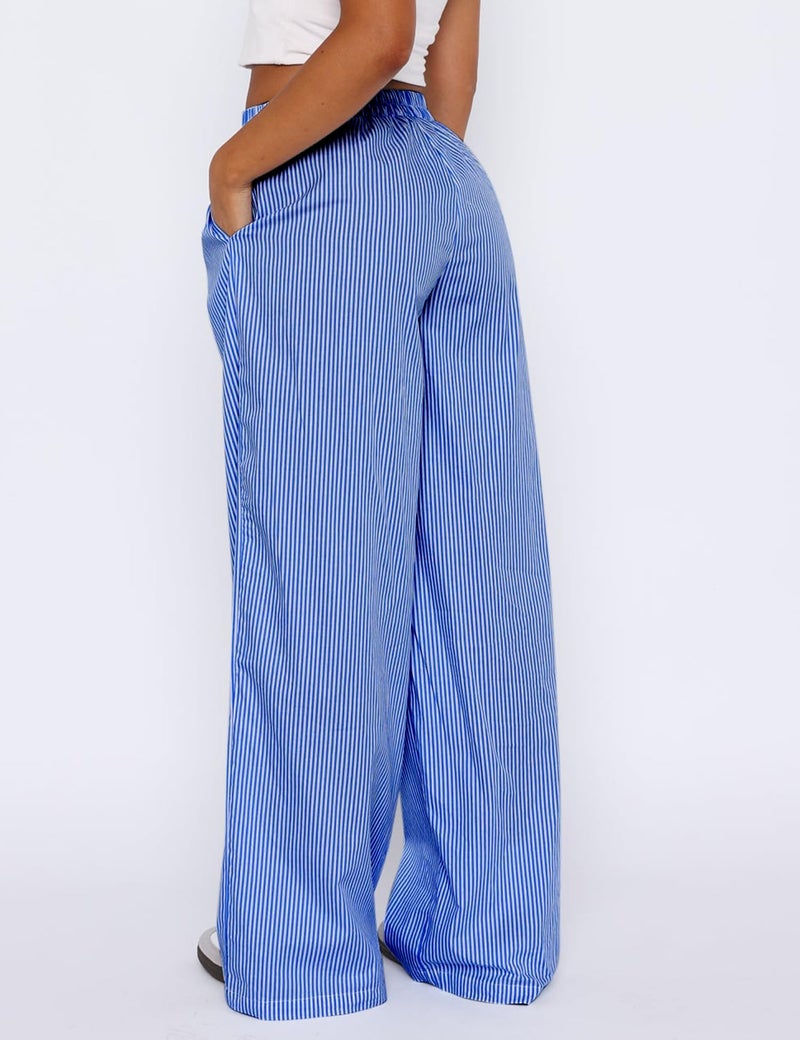 LOMON Womens Striped Wide Leg Boxers Pants Cotton Pajama Lounge Pj Casual Trousers Y2K Beach Bottoms with Pockets (Deep Blue Pinstripe, L) - Image 4