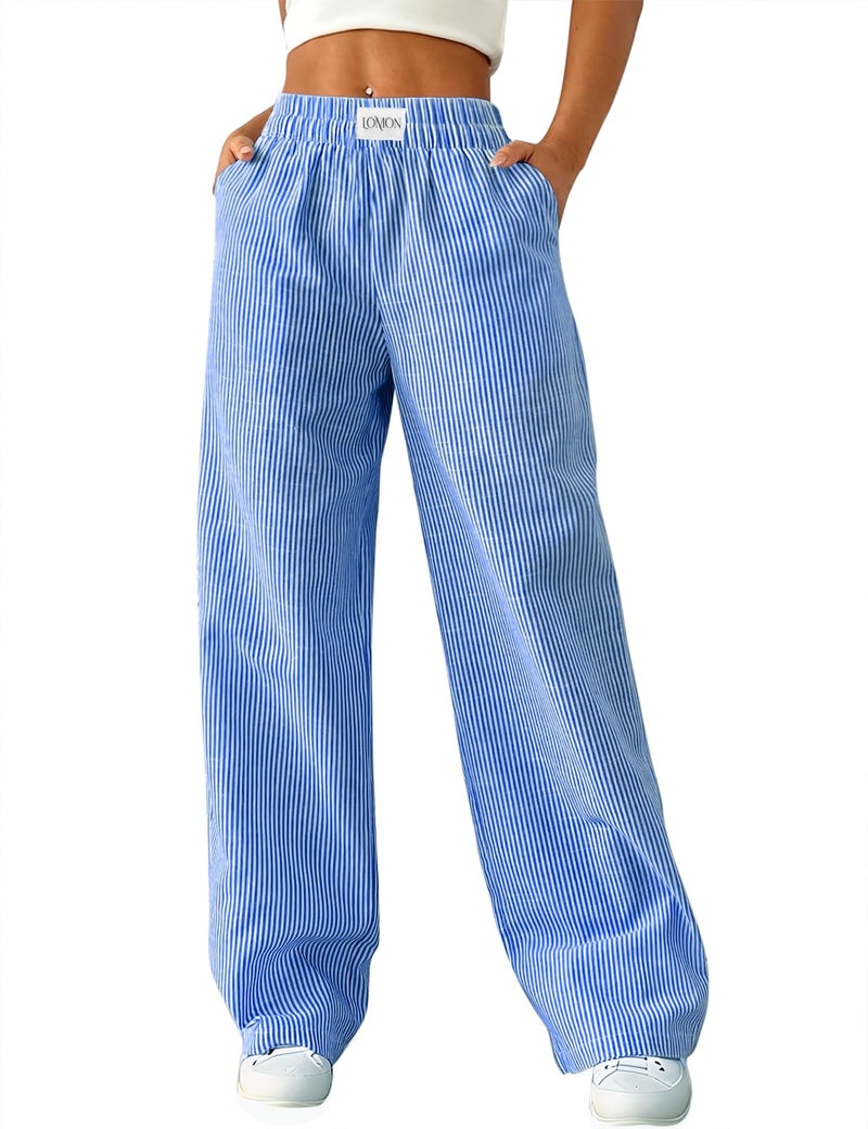 LOMON Womens Striped Wide Leg Boxers Pants Cotton Pajama Lounge Pj Casual Trousers Y2K Beach Bottoms with Pockets (Deep Blue Pinstripe, L) - Image 1