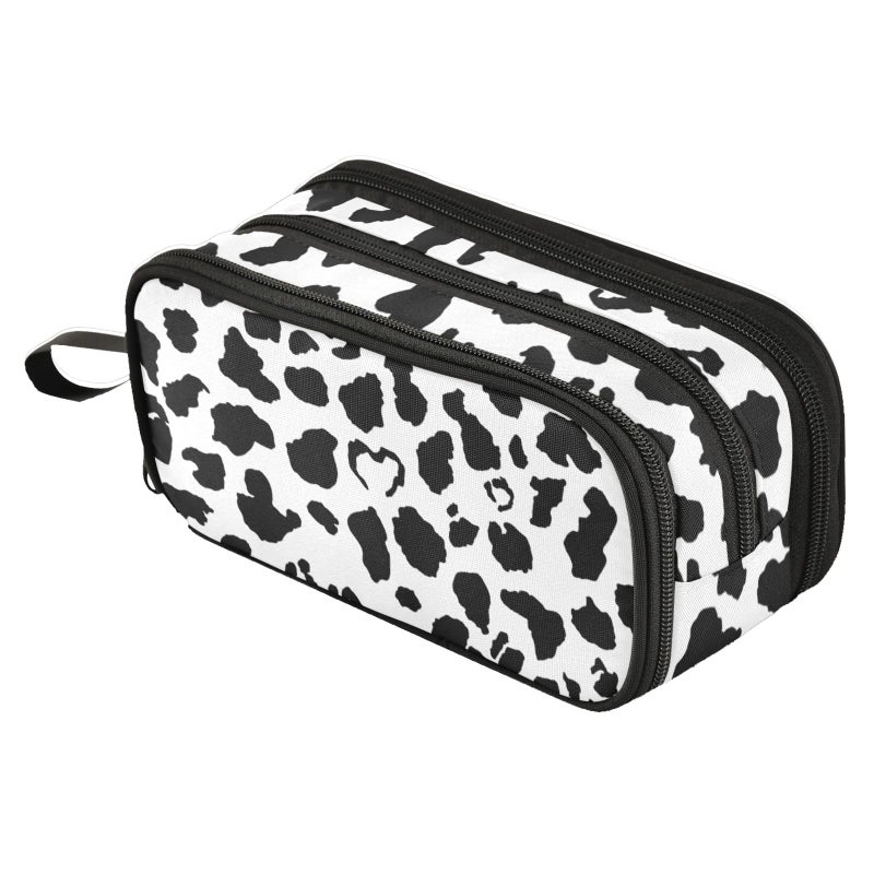 Fustylead Black White Milk Cow Skin Print Large Pencil Pen Case Stationery Bag 3 Compartments School College Office Desk Organizer Storage Pouch Marker for Teen Boys Girls Students