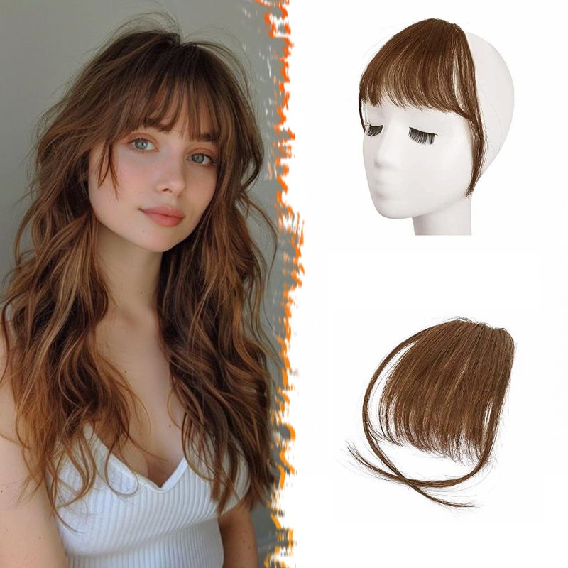 BARSDAR Medium Brown Clip in Bangs Real Human Hair - 100% Human Hair Clip in Bangs for Women - Medium Brown Wispy Bang Extensions Real Hair Fringe with Temples Hairpieces - Image 1
