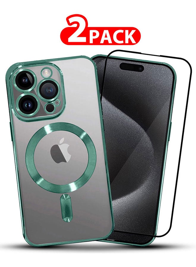 CATANES 2 Pack For iPhone 15 Pro Max Phone Protective Case and Screen Protector Fashionable Electroplated Magnetic Suction Full Covered Shockproof Phone Cover with Magnetic Rings Green - Image 1