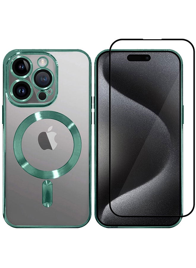 CATANES 2 Pack For iPhone 15 Pro Max Phone Protective Case and Screen Protector Fashionable Electroplated Magnetic Suction Full Covered Shockproof Phone Cover with Magnetic Rings Green - Image 2