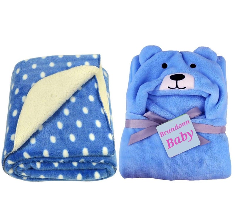 BRANDONN All Season Supersoft Hooded Blue Dog and Royal Dotted Printed Baby Blanket and Bath Towel - Pack of 2 - Image 1