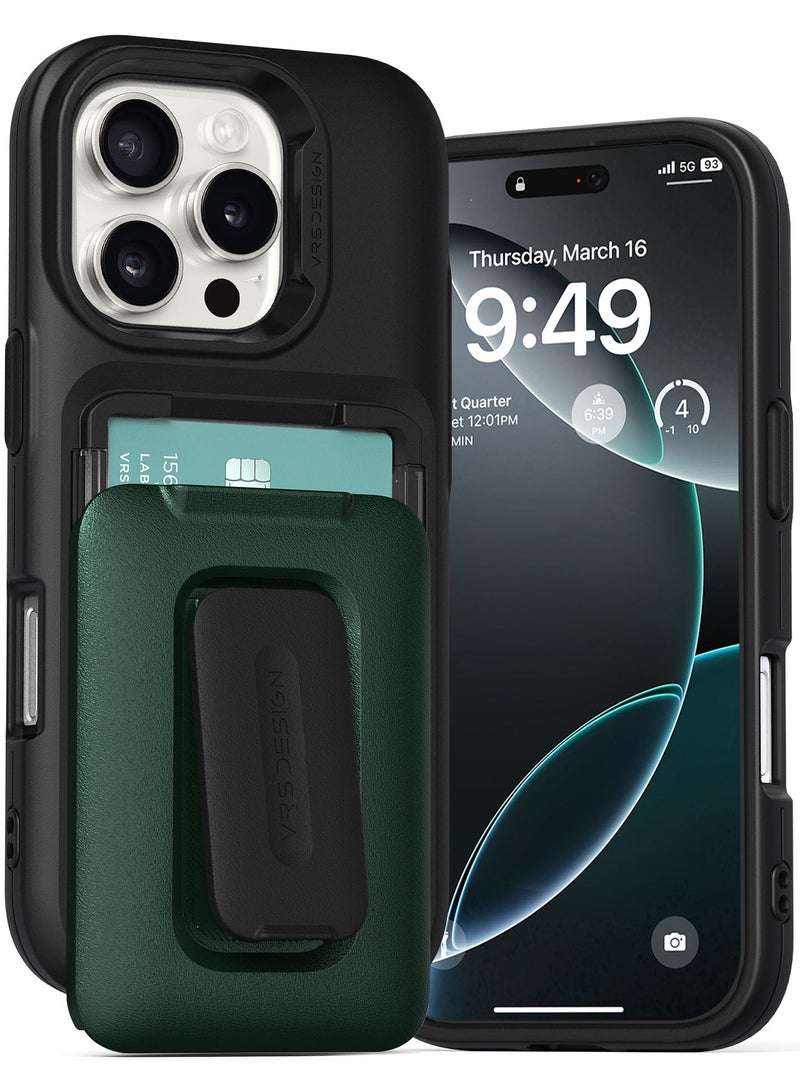 VRS Design D-Wallet Orb iPhone 16 PRO Case Cover Wallet [3 Card] Credit Holder Slot [Semi Automatic] Built-in [Kickstand] - Metallic Green  - Image 1