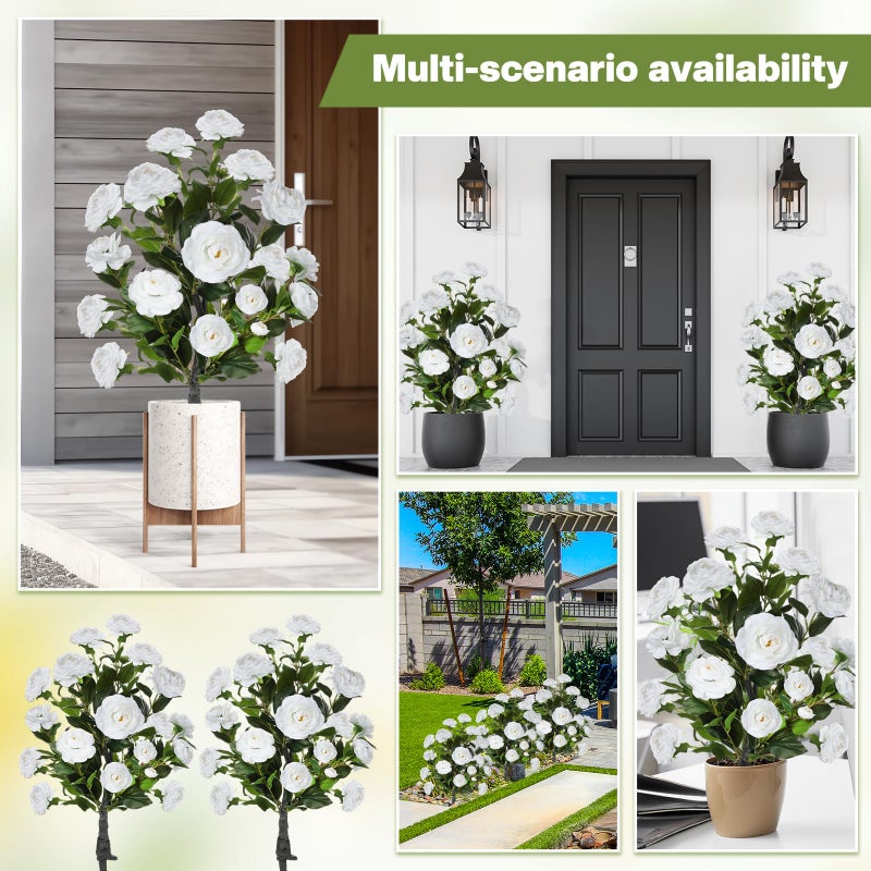 Lunmon 2 Pack 3ft Artificial Camellia Plants Tree 36" Faux Camellia Flower with Spike UV Resistant Realistic Fake Floral Blooming Bush for Indoor Outdoor Front Door Porch Backyard Garden, White - Image 3