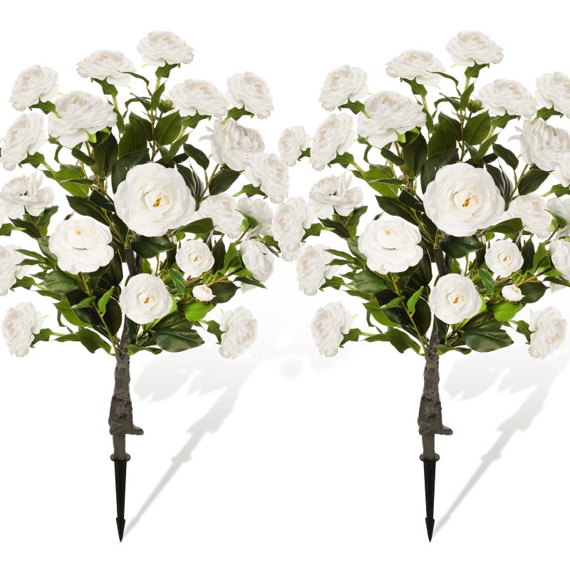 Lunmon 2 Pack 3ft Artificial Camellia Plants Tree 36" Faux Camellia Flower with Spike UV Resistant Realistic Fake Floral Blooming Bush for Indoor Outdoor Front Door Porch Backyard Garden, White - Image 1
