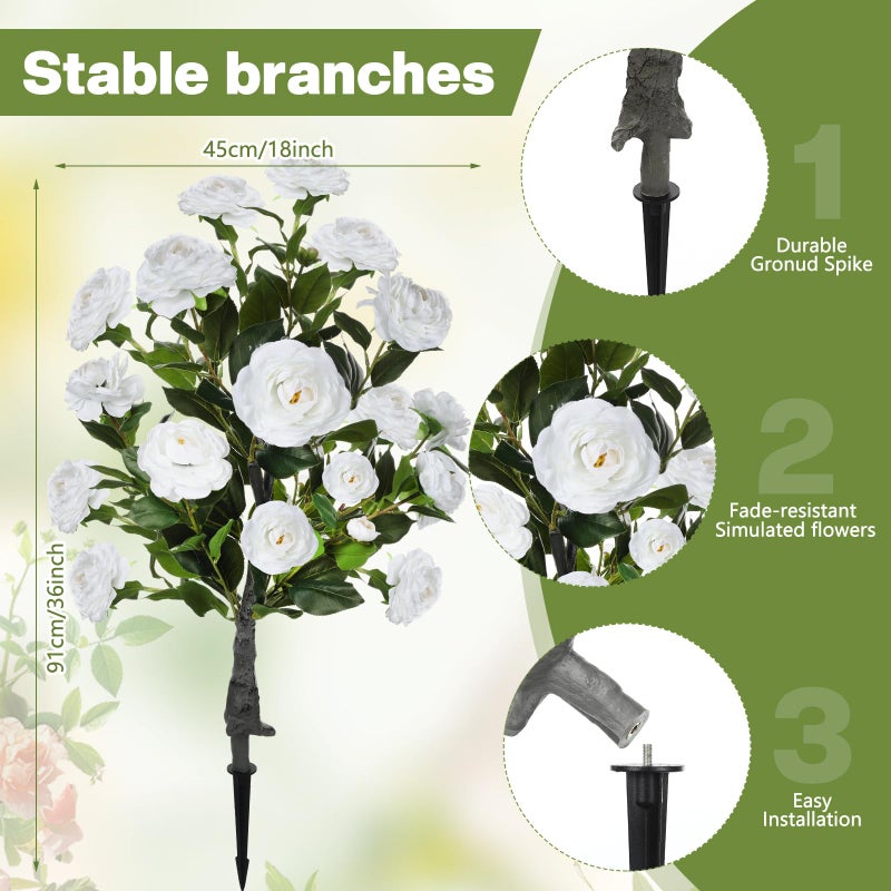 Lunmon 2 Pack 3ft Artificial Camellia Plants Tree 36" Faux Camellia Flower with Spike UV Resistant Realistic Fake Floral Blooming Bush for Indoor Outdoor Front Door Porch Backyard Garden, White - Image 2