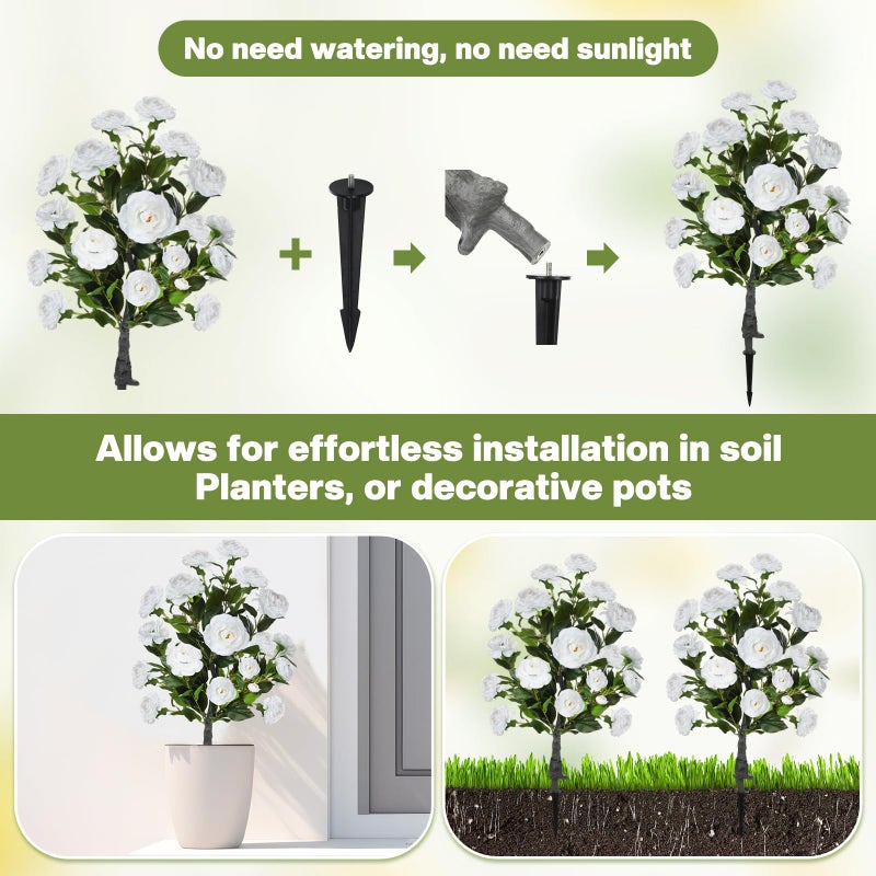 Lunmon 2 Pack 3ft Artificial Camellia Plants Tree 36" Faux Camellia Flower with Spike UV Resistant Realistic Fake Floral Blooming Bush for Indoor Outdoor Front Door Porch Backyard Garden, White - Image 4