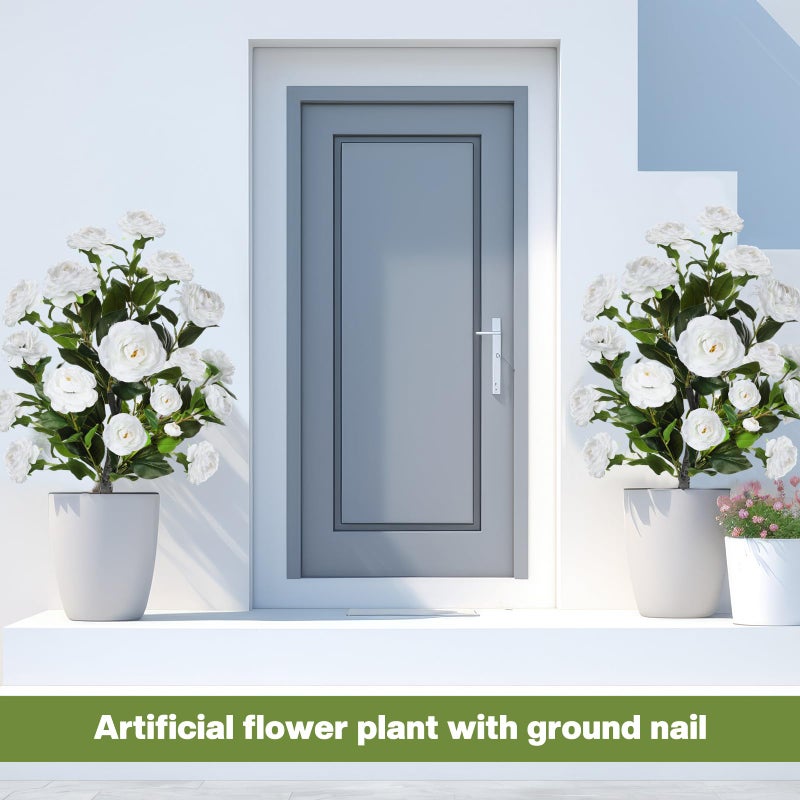 Lunmon 2 Pack 3ft Artificial Camellia Plants Tree 36" Faux Camellia Flower with Spike UV Resistant Realistic Fake Floral Blooming Bush for Indoor Outdoor Front Door Porch Backyard Garden, White - Image 5