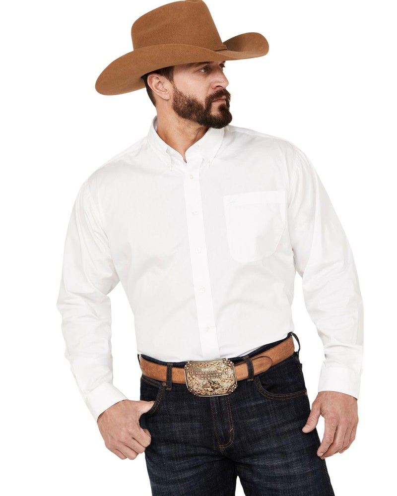 قميص كلاسيكي بأكمام طويلة للرجال بفتحة زر واحدة جيب مفتوح أساسي أبيض كبير