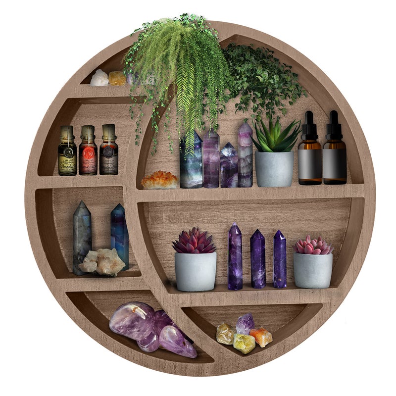 Wooden Floating Moon Shelf Wall Decor  Decorative Boho Home Hanging Display Shelf for Bedroom Dorm Nursery  Easy Mount Storage for Crystals and Essential Oils  14 x 14 x 35 Light Brown