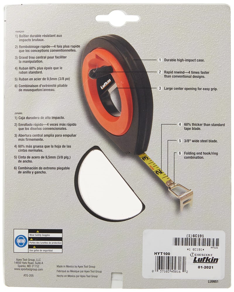 Lufkin Crescent Lufkin 3/8" x 100' Hi-VizÂ® Orange SpeedwinderÂ® Yellow Clad Long Steel Tape Measure - HYT100 - Image 3
