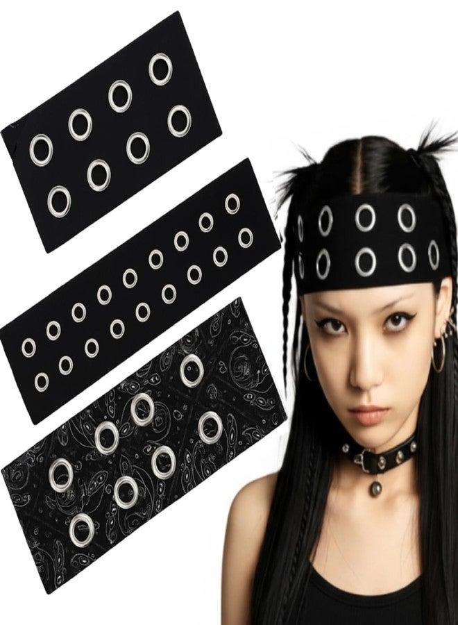 Maysing 3 Pcs Women Grommet Headband Y2k Punk Grunge Wide Hairbands Hollow out Eyelets Elastic Headband Casual Hair Accessory Fashionable Metal Hairbands Stretchy(Black,Novelty) - Image 1