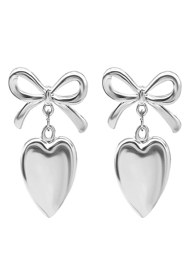 Pingyongchang Gold/Silver Heart Dangle Earrings For Women Ribbon Bow Dangle Earrings -Silver heart - Image 1