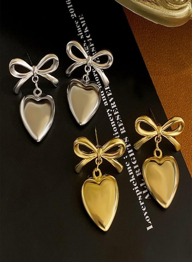 Pingyongchang Gold/Silver Heart Dangle Earrings For Women Ribbon Bow Dangle Earrings -Silver heart - Image 3