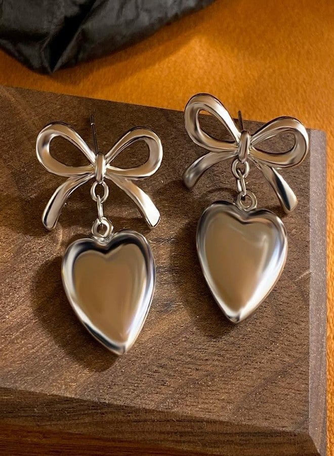 Pingyongchang Gold/Silver Heart Dangle Earrings For Women Ribbon Bow Dangle Earrings -Silver heart - Image 2