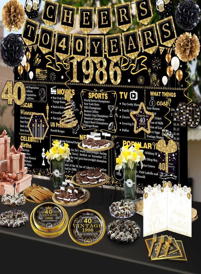 YeohJoy 40th Birthday Decorations for Men Women, 106 PCS Back in 1986 Decorations, Vintage 40th Birthday Party Tableware Set for men,Backdrops,Card, Banner, Paper Poms,Hanging Swirl, Tableware for 24 Guests - Image 2