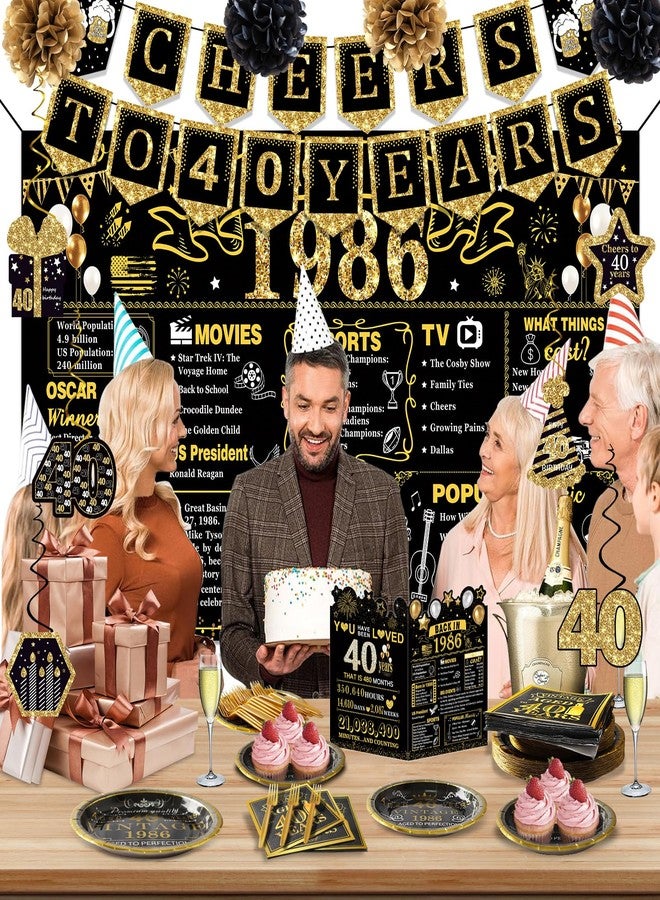 YeohJoy 40th Birthday Decorations for Men Women, 106 PCS Back in 1986 Decorations, Vintage 40th Birthday Party Tableware Set for men,Backdrops,Card, Banner, Paper Poms,Hanging Swirl, Tableware for 24 Guests - Image 3