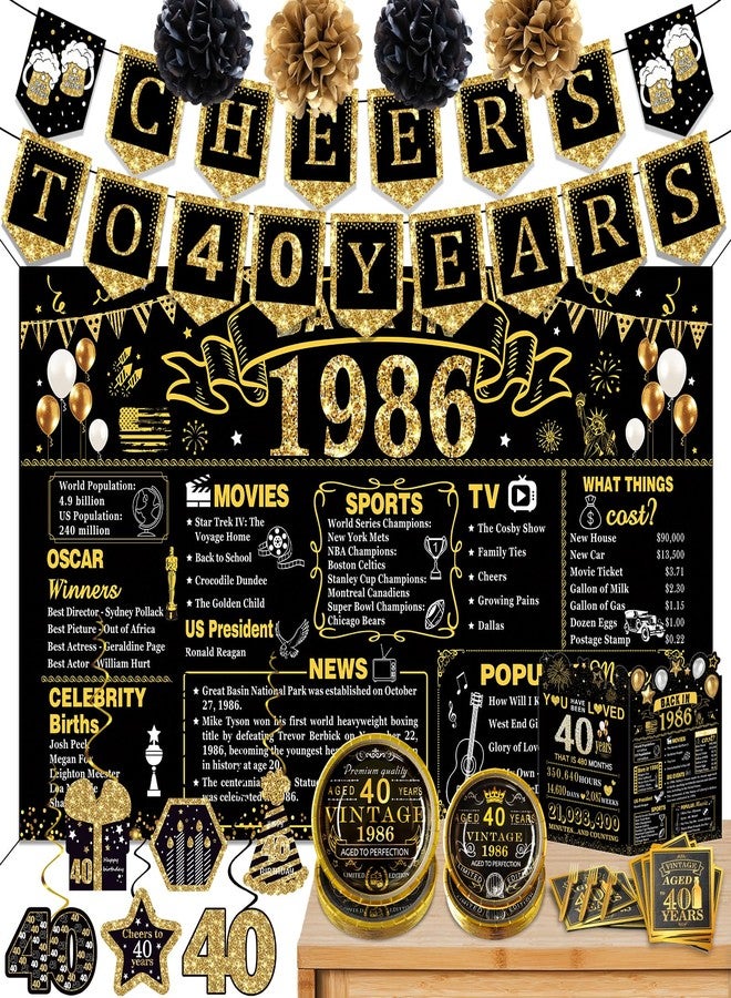 YeohJoy 40th Birthday Decorations for Men Women, 106 PCS Back in 1986 Decorations, Vintage 40th Birthday Party Tableware Set for men,Backdrops,Card, Banner, Paper Poms,Hanging Swirl, Tableware for 24 Guests - Image 1
