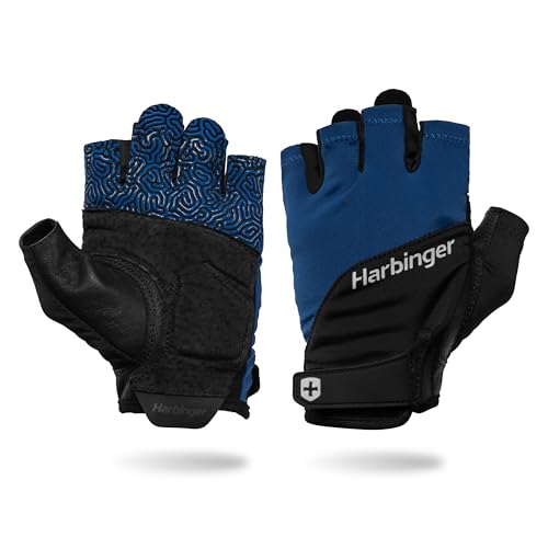 Harbinger Training Grip Gloves 30 Durable Padded Leather Palm Enhanced Grip Breathable 4Way Stretch Lycra Adjustable HookandLoop Closure Quick Removal Tabs Weightlifting Blue XLarge - Image 1