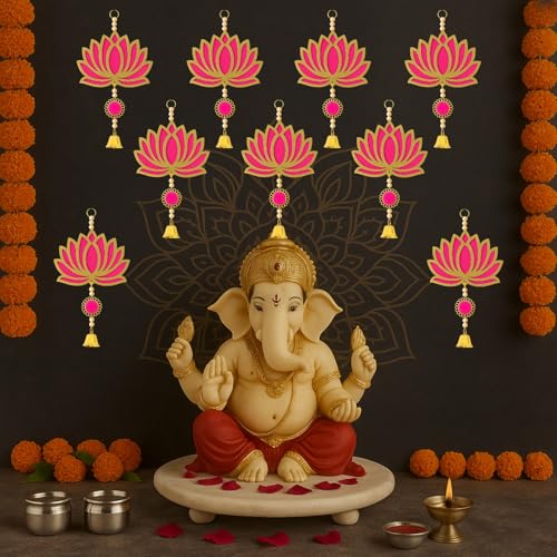 Panchhi Store Wall Hangings for Home Decoration Lotus Latkan Toran with Bells Diwali Dcor Items, Ganpati Decoration Items for Home Pooja Deocration Items for All Festivals Decore - Pink Pack of 20 - Image 3