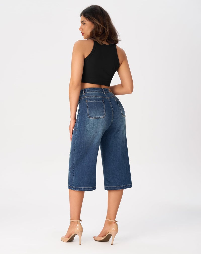 roswear Women’s Wide Leg Capri Pants Stretchy High Waisted Loose Denim Jeans Dark Blue Large - Image 4