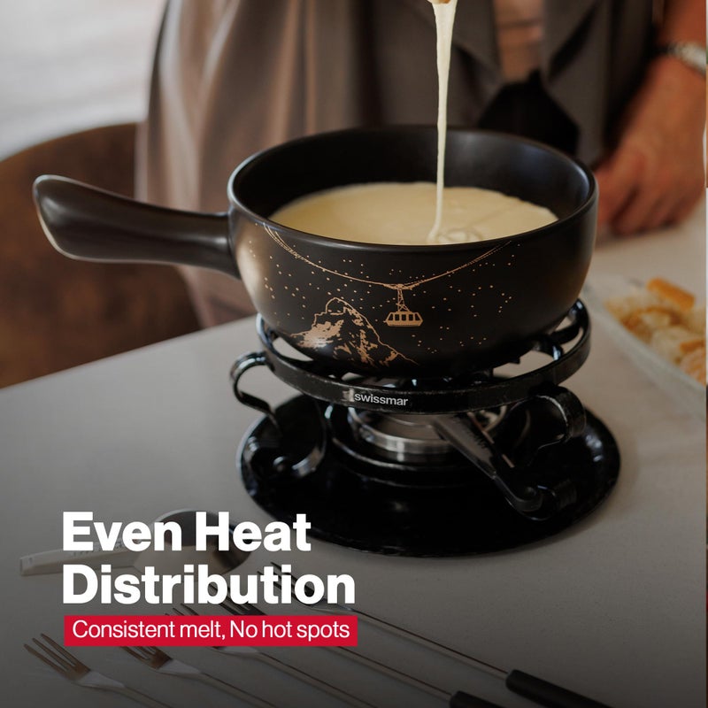 Swissmar Gruyere Cheese Fondue Set - 2.8 QT / 2.65 L - Ceramic Fondue Pot with Rechaud, Fondue Burner, 6 Forks - Ideal for Melting Cheese, Chocolate & Caramel - Black - Image 4